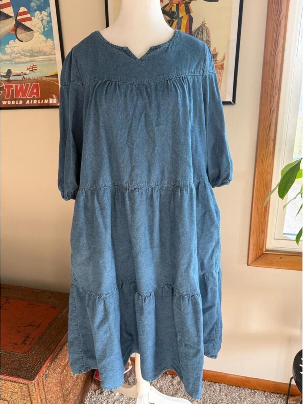 Vermont Country Store Notch-Neckline Denim Muumuu Dress